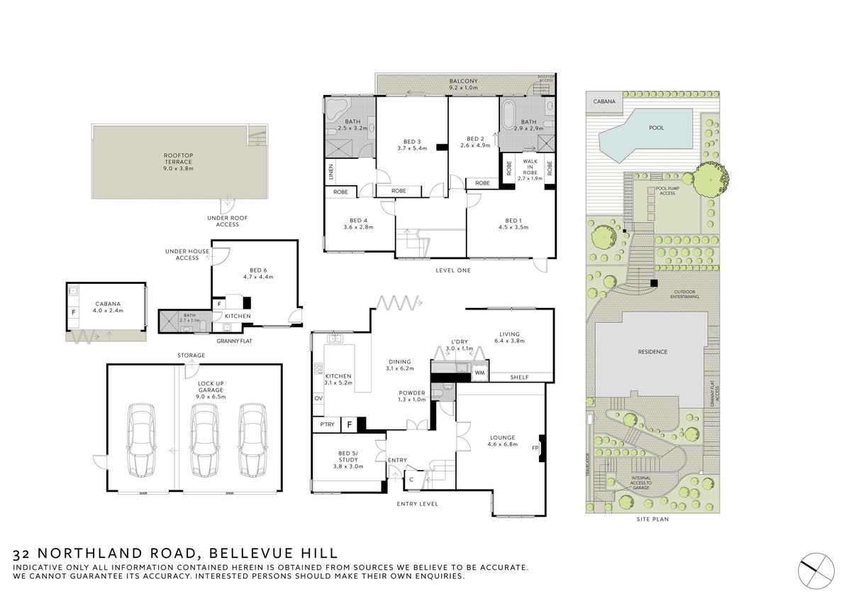 Floor plan of 32 Northland Road showing the entry level, level one, rooftop terrace, self-contained flat, cabana, garage and site plan